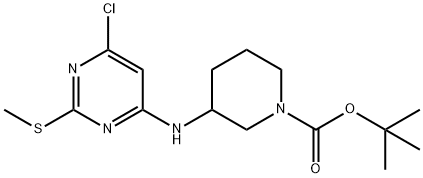 3-(6-Chloro-2-methylsulfanyl-pyrimidin-4-ylamino)-piperidine-1-carboxylic acid tert-butyl ester Struktur