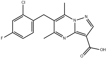 6-(2-chloro-4-fluorobenzyl)-5,7-dimethylpyrazolo[1,5-a]pyrimidine-3-carboxylic acid Struktur