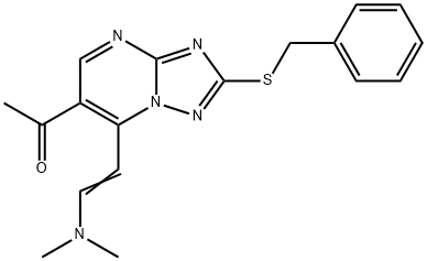 1-{2-(Benzylthio)-7-[(E)-2-(dimethylamino)vinyl]-[1,2,4]triazolo[1,5-a]pyrimidin-6-yl}ethanone Struktur