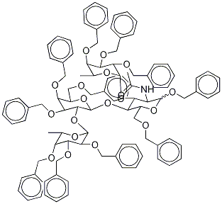 1,6-O-Dibenzyl-2-acetamido-2-deoxy-3-O-(2,3,4-O-tribenzyl-α-L-fucopyranosyl)-4-O-[2-O-(2,3,4-O-tribenzyl-α-L-fucopyranosyl)-3,4,6-O-tribenzyl-β-D-galactopyranosyl]-D-glucopyranoside Struktur