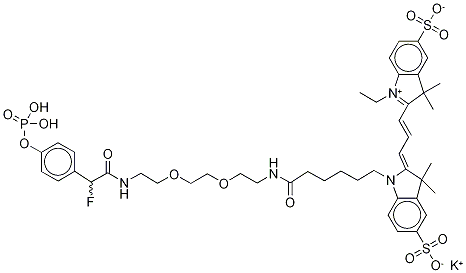 4,7-Dioxaoctylenediamine N-[(Cyanine 3) Monofunctional Hexanoic Acid]-N[2-fluoro-4phosphophenylacetic Acid] Diamide Struktur