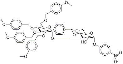 4-Nitrophenyl 3-O-(2’,3’,4’,6’-tetra-O-4-methoxybenzyl-α-D-glucopyranosyl)-4,6-benzylidene-α-D-glucopyranoside Struktur