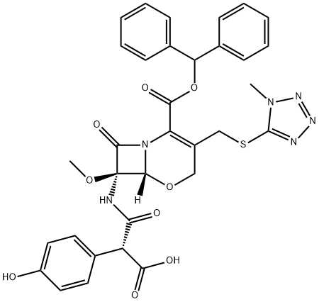 (6R,7R)-7-[[(2R)-2-Carboxy-2-(4-hydroxyphenyl)acetyl]amino]-7-methoxy-3-[[(1-methyl-1H-tetrazol-5-yl)thio]methyl]-8-oxo-5-oxa-1-azabicyclo[4.2.0]oct-2-ene-2-carboxylic acid 2-(diphenylmethyl) ester Struktur