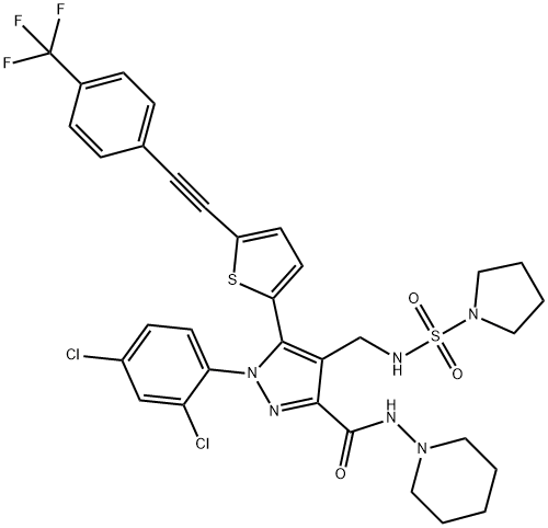 1-(2,4-Dichlorophenyl)-N-1-piperidinyl-4-[[(1-pyrrolidinylsulfonyl)amino]methyl]-5-[5-[2-[4-(trifluoromethyl)phenyl]ethynyl]-2-thienyl]-1H-pyrazole-3-carboxamide Struktur