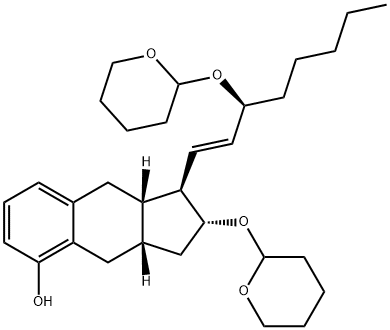 1H-Benz[f]inden-5-ol, 2,3,3a,4,9,9a-hexahydro-2-[(tetrahydro-2H-pyran-2-yl)oxy]-1-[(1E,3S)-3-[(tetrahydro-2H-pyran-2-yl)oxy]-1-octen-1-yl]-, (1R,2R,3aS,9aS)- Struktur