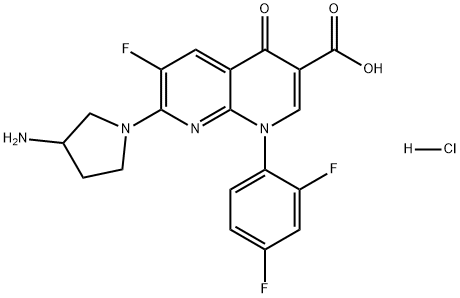 1,8-Naphthyridine-3-carboxylic acid, 7-(3-amino-1-pyrrolidinyl)-1-(2,4-difluorophenyl)-6-fluoro-1,4-dihydro-4-oxo-, hydrochloride (1:1) Struktur