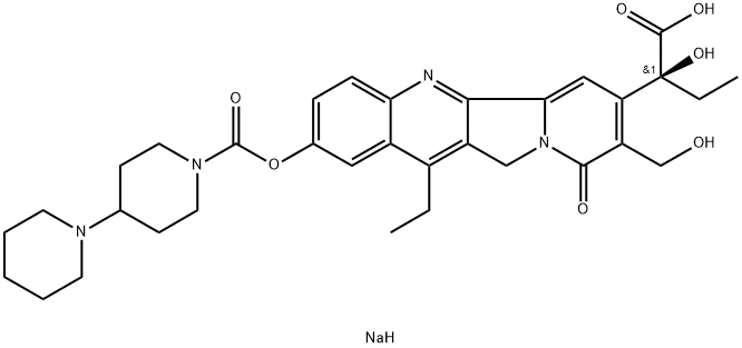 sodium:(2S)-2-[12-ethyl-8-(hydroxymethyl)-9-oxo-2-(4-piperidin-1-ylpiperidine-1-carbonyl)oxy-11H-indolizino[1,2-b]quinolin-7-yl]-2-hydroxybutanoate Struktur