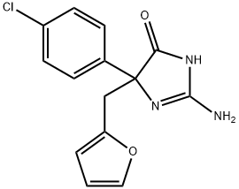 2-amino-5-(4-chlorophenyl)-5-[(furan-2-yl)methyl]-4,5-dihydro-1H-imidazol-4-one Struktur