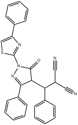 [[5-oxo-3-phenyl-1-(4-phenyl-1,3-thiazol-2-yl)-4,5-dihydro-1H-pyrazol-4-yl](phenyl)methyl]malononitrile Struktur