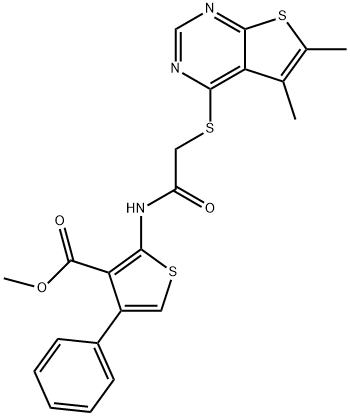 methyl 2-(2-((5,6-dimethylthieno[2,3-d]pyrimidin-4-yl)thio)acetamido)-4-phenylthiophene-3-carboxylate Struktur