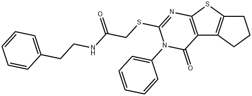 2-((4-oxo-3-phenyl-3,5,6,7-tetrahydro-4H-cyclopenta[4,5]thieno[2,3-d]pyrimidin-2-yl)thio)-N-phenethylacetamide Struktur