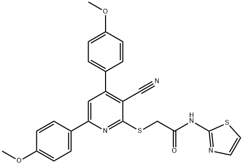 2-{[3-cyano-4,6-bis(4-methoxyphenyl)pyridin-2-yl]sulfanyl}-N-(1,3-thiazol-2-yl)acetamide Struktur