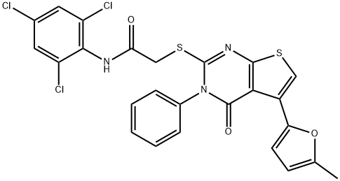 2-((5-(5-methylfuran-2-yl)-4-oxo-3-phenyl-3,4-dihydrothieno[2,3-d]pyrimidin-2-yl)thio)-N-(2,4,6-trichlorophenyl)acetamide Struktur