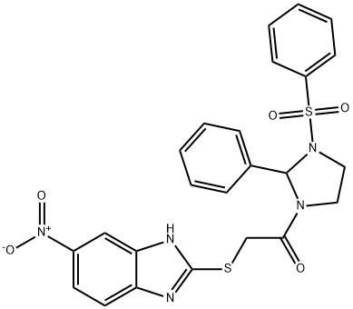 2-[(5-nitro-1H-benzimidazol-2-yl)sulfanyl]-1-[2-phenyl-3-(phenylsulfonyl)imidazolidin-1-yl]ethanone Struktur