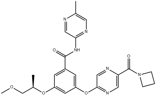 Benzamide,3-[[5-(1-azetidinylcarbonyl)-2-pyrazinyl]oxy]-5-[(1R)-2-methoxy-1-methylethoxy]-N-(5-methyl-2-pyrazinyl)- Struktur