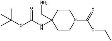 ethyl 4-(aminomethyl)-4-{[(tert-butoxy)carbonyl]amino}piperidine-1-carboxylate Struktur