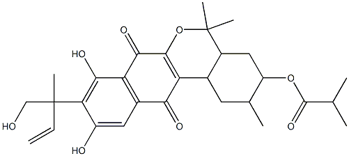 Propanoic acid,2-methyl-,1,3,4,4a,5,7,12,12b-octahydro-8,10-dihydroxy-9-[1-(hydroxymethyl)-1-methyl-2-propenyl]-2,5,5-trimethyl-7,12-dioxo-2H-benzo[d]naphtho[2,3-b]pyran-3-ylester (9CI) Struktur