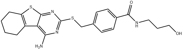 4-(((4-amino-5,6,7,8-tetrahydrobenzo[4,5]thieno[2,3-d]pyrimidin-2-yl)thio)methyl)-N-(3-hydroxypropyl)benzamide Struktur