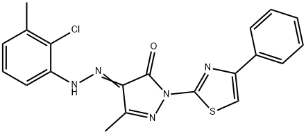 4-[(2-chloro-3-methylphenyl)hydrazono]-5-methyl-2-(4-phenyl-1,3-thiazol-2-yl)-2,4-dihydro-3H-pyrazol-3-one Struktur