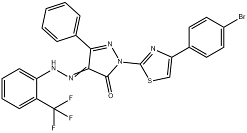 2-[4-(4-bromophenyl)-1,3-thiazol-2-yl]-5-phenyl-4-{[2-(trifluoromethyl)phenyl]hydrazono}-2,4-dihydro-3H-pyrazol-3-one Struktur