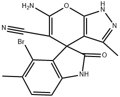 6'-amino-4-bromo-3',5-dimethyl-2-oxo-1,2-dihydro-1'H-spiro[indole-3,4'-pyrano[2,3-c]pyrazole]-5'-carbonitrile Struktur