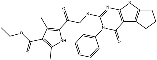 ethyl 2,4-dimethyl-5-(2-((4-oxo-3-phenyl-3,5,6,7-tetrahydro-4H-cyclopenta[4,5]thieno[2,3-d]pyrimidin-2-yl)thio)acetyl)-1H-pyrrole-3-carboxylate Struktur