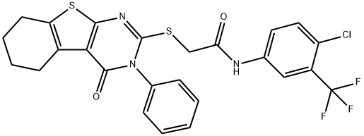 N-(4-chloro-3-(trifluoromethyl)phenyl)-2-((4-oxo-3-phenyl-3,4,5,6,7,8-hexahydrobenzo[4,5]thieno[2,3-d]pyrimidin-2-yl)thio)acetamide Struktur