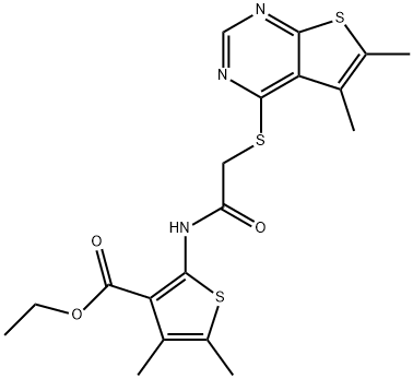 ethyl 2-(2-((5,6-dimethylthieno[2,3-d]pyrimidin-4-yl)thio)acetamido)-4,5-dimethylthiophene-3-carboxylate Struktur