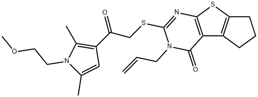 3-allyl-2-((2-(1-(2-methoxyethyl)-2,5-dimethyl-1H-pyrrol-3-yl)-2-oxoethyl)thio)-3,5,6,7-tetrahydro-4H-cyclopenta[4,5]thieno[2,3-d]pyrimidin-4-one Struktur