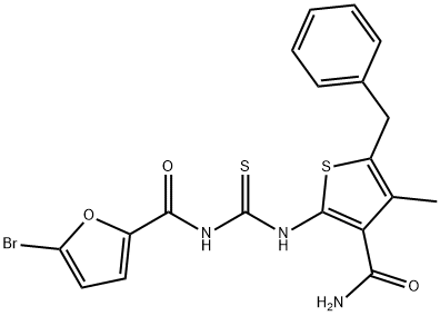 N-({[3-(aminocarbonyl)-5-benzyl-4-methyl-2-thienyl]amino}carbonothioyl)-5-bromo-2-furamide Struktur