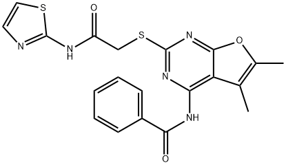 N-(5,6-dimethyl-2-((2-oxo-2-(thiazol-2-ylamino)ethyl)thio)furo[2,3-d]pyrimidin-4-yl)benzamide Struktur