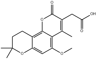 2-(5-methoxy-4,8,8-trimethyl-2-oxo-9,10-dihydropyrano[2,3-h]chromen-3-yl)acetic acid Struktur