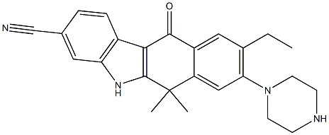 9-ethyl-6,6-dimethyl-11-oxo-8-(piperazin-1-yl)-6,11-dihydro-5H-benzo[b]carbazole-3-carbonitrile Struktur