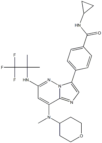 N-cyclopropyl-4-[8-(oxan-4-ylmethylamino)-6-[(1,1,1-trifluoro-2-methylpropan-2-yl)amino]imidazo[1,2-b]pyridazin-3-yl]benzamide Struktur