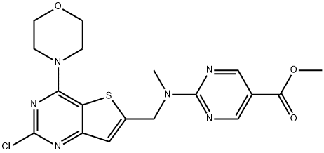 methyl2-(((2-chloro-4-morpholinothieno[3,2-d]pyrimidin-6-yl)methyl)(methyl)amino)pyrimidine-5-carboxylate Struktur