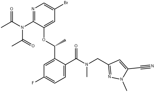 (R)-2-(1-(2-(N-acetylacetamido)-5-bromopyridin-3-yloxy)ethyl)-N-((5-cyano-1-methyl-1H-pyrazol-3-yl)methyl)-4-fluoro-N-methylbenzamide Struktur