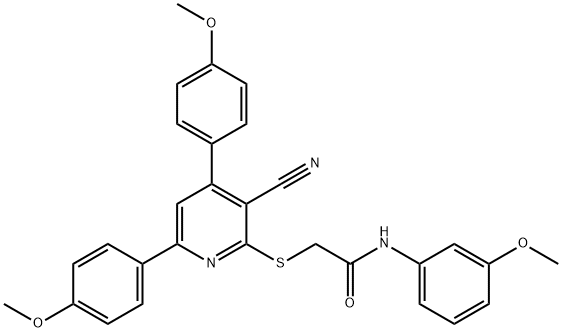 2-{[3-cyano-4,6-bis(4-methoxyphenyl)pyridin-2-yl]sulfanyl}-N-(3-methoxyphenyl)acetamide Struktur