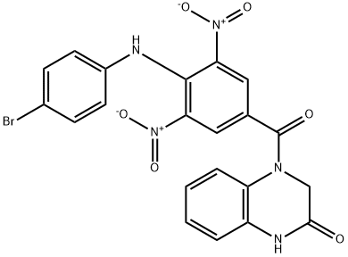 4-(4-((4-bromophenyl)amino)-3,5-dinitrobenzoyl)-3,4-dihydroquinoxalin-2(1H)-one Struktur