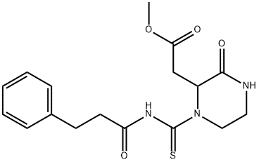 methyl (3-oxo-1-{[(3-phenylpropanoyl)amino]carbonothioyl}-2-piperazinyl)acetate Struktur