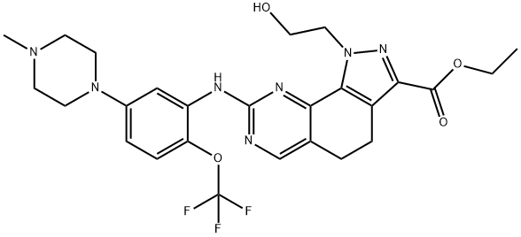 ethyl 1-(2-hydroxyethyl)-8-(5-(4-methylpiperazin-1-yl)-2-(trifluoromethoxy)phenylamino)-4,5-dihydro-1H-pyrazolo[4,3-h]quinazoline-3-carboxylate Struktur