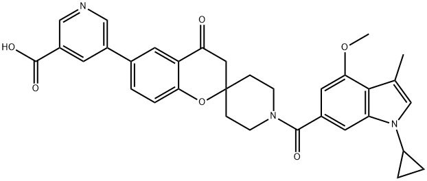 5-(1'-(1-cyclopropyl-4-methoxy-3-methyl-1H-indole-6-carbonyl)-4-oxospiro[chromane-2,4'-piperidin]-6-yl)nicotinicacid Struktur