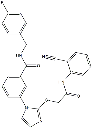 3-[2-[2-(2-cyanoanilino)-2-oxoethyl]sulfanylimidazol-1-yl]-N-[(4-fluorophenyl)methyl]benzamide Struktur