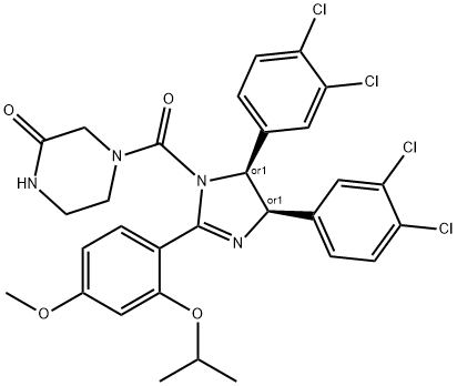 4-[(4S,5R)-4,5-bis(3,4-dichlorophenyl)-2-(4-methoxy-2-propan-2-yloxyphenyl)-4,5-dihydroimidazole-1-carbonyl]piperazin-2-one Struktur