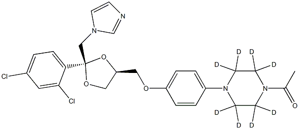 1-[2,2,3,3,5,5,6,6-octadeuterio-4-[4-[[(2R,4S)-2-(2,4-dichlorophenyl)-2-(imidazol-1-ylmethyl)-1,3-dioxolan-4-yl]methoxy]phenyl]piperazin-1-yl]ethanone Struktur