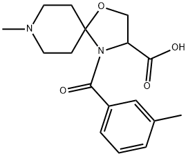 8-methyl-4-(3-methylbenzoyl)-1-oxa-4,8-diazaspiro[4.5]decane-3-carboxylic acid Struktur