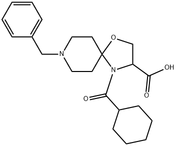 8-benzyl-4-cyclohexanecarbonyl-1-oxa-4,8-diazaspiro[4.5]decane-3-carboxylic acid Struktur