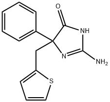 2-amino-5-phenyl-5-[(thiophen-2-yl)methyl]-4,5-dihydro-1H-imidazol-4-one Struktur