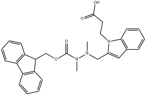 3-(2-((2-(((9H-fluoren-9-yl)methoxy)carbonyl)-1,2-dimethylhydrazinyl)methyl)-1H-indol-1-yl)propanoic acid Struktur