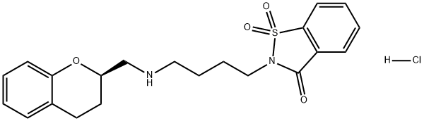 1,2-Benzisothiazol-3(2H)-one, 2-[4-[[[(2R)-3,4-dihydro-2H-1-benzopyran-2-yl]methyl]amino]butyl]-, 1,1-dioxide, hydrochloride (1:1) Struktur