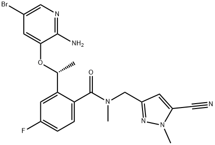 (R)-2-(1-(2-amino-5-bromopyridin-3-yloxy)ethyl)-N-((5-cyano-1-methyl-1H-pyrazol-3-yl)methyl)-4-fluoro-N-methylbenzamide Struktur